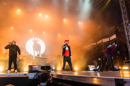 Kiel, Germany - June 26th 2019: The Hip-hop-Band Antilopen Gang is performing on the Rathaus Stage...
