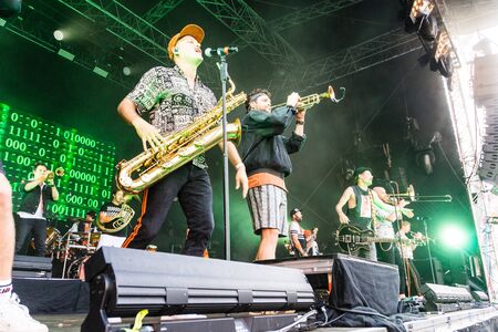 Kiel, Germany - June 26th 2019: The Brasspop-Band Querbeat from Cologne is performing on the Rathaus...