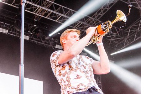 Kiel, Germany - June 26th 2019: The Brasspop-Band Querbeat from Cologne is performing on the Rathaus...