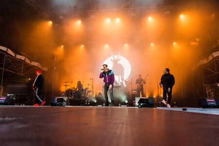 Kiel, Germany - June 26th 2019: The Hip-hop-Band Antilopen Gang is performing on the Rathaus Stage...