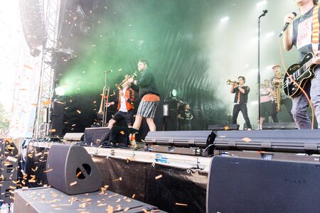 Kiel, Germany - June 26th 2019: The Brasspop-Band Querbeat from Cologne is performing on the Rathaus...