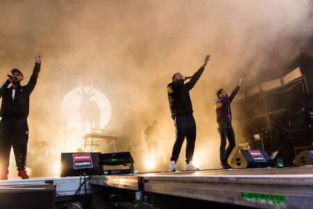 Kiel, Germany - June 26th 2019: The Hip-hop-Band Antilopen Gang is performing on the Rathaus Stage...