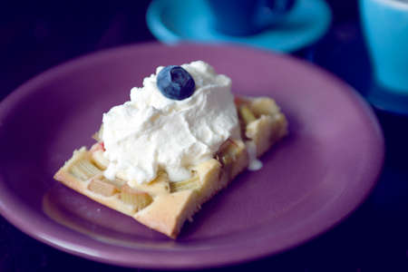 Rhubarb cake with cream and blueberry on topの写真素材