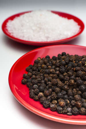 Salt and pepper in red bowlsの写真素材