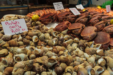 Fresh Whelks and Crab at a Seafood market in St malo Franceの写真素材
