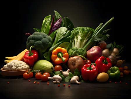 Composition with variety of raw organic vegetables on dark background. Balanced diet. Ai generateの素材