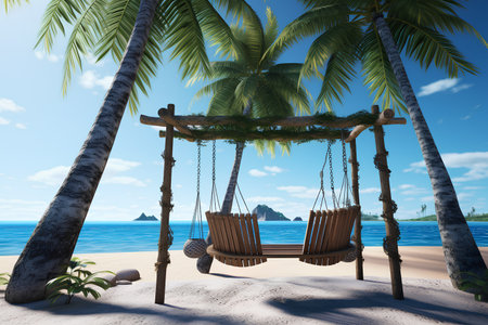 Wooden swing on the beach with palm trees. 3d render Ai generateの素材