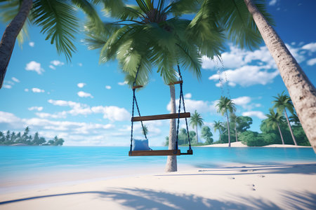 Wooden swing on tropical beach with palm trees. 3d render Ai generateの素材