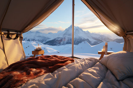 Camping in the mountains at sunrise. View from inside the tent. Ai generateの素材