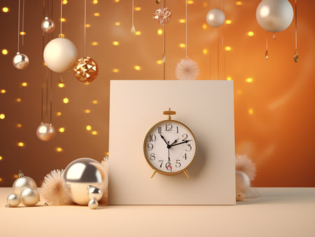 3d render of christmas background with clock, balls and bokeh Ai generateの素材