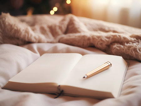 Notebook and pen lying on the bed in the morning. Christmas concept Ai generateの素材