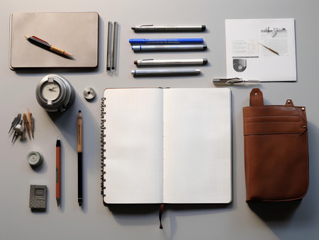 Set of office supplies on grey background. Top view with copy space Ai generateの素材