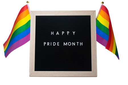 A Black Sign With a Birch Frame That Says Happy Pride Month in White Letters With Pride Flags Behind...