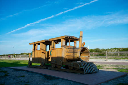 A Small Wooden Train on the Beach in Wildwood New Jerseyの写真素材