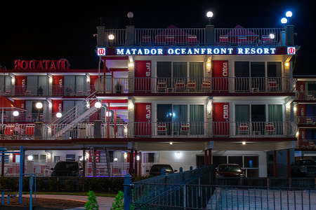 WILDWOOD, NEW JERSEY - September 16 2020: The Locally Famous Matador Oceanfront Resort and Hotel Lit Up at Nightのeditorial素材