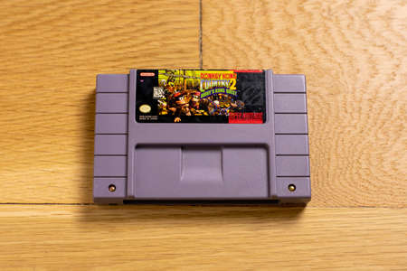 October 25, 2020 - Elkins Park, PA: A Cartridge for Donkey Kong Country 2, Diddy's Kong Quest for the Super Nintendo Entertainment System, a popular retro title.のeditorial素材
