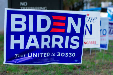 November 3, 2020 - Elkins Park, Pennsylvania: A Biden Harris Sign at a Polling Station in Elkins Park, Pennsylvaniaのeditorial素材