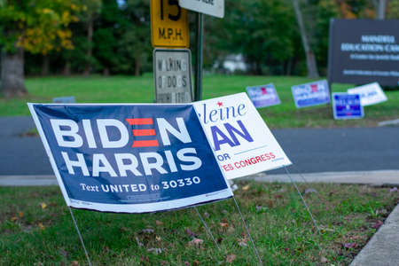 November 3, 2020 - Elkins Park, Pennsylvania: A Biden Harris Sign at a Polling Station in Elkins Park, Pennsylvaniaのeditorial素材