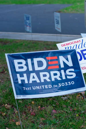 November 3, 2020 - Elkins Park, Pennsylvania: A Biden Harris Sign at a Polling Station in Elkins Park, Pennsylvaniaのeditorial素材