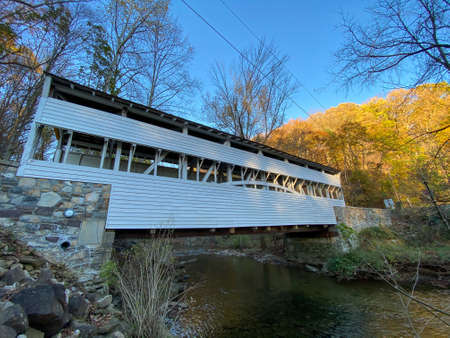 The Knox Covered Bridge at Sunset on a Clear Autumn Day at Valley Forge National Historical Parkの写真素材