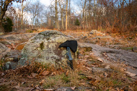 A Small Throwing Axe Leaning on a Rock in an Autumn Fieldの写真素材