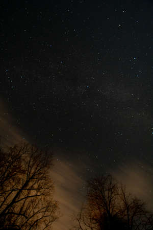 A Dark Night sky Full of Stars and Orange Clouds During Autumnの写真素材