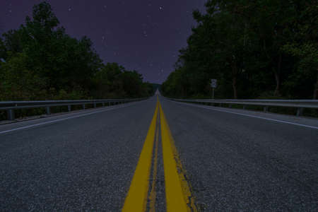 A Low Angle Shot of a Road at Night With Trees on Each Side and Stars in the Skyの写真素材