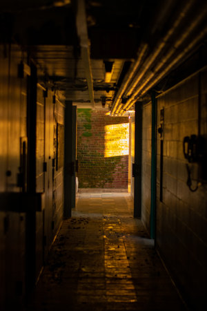 A Dark Hallway Inside an Abandoned Dormatory With Orange Light at the End of Itの写真素材