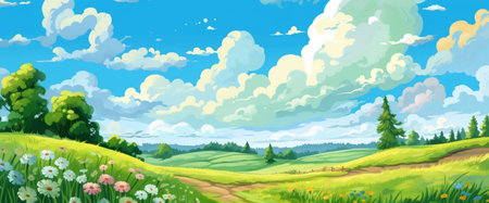 Spring Fields With Blooming Flowers, Illustration, Cartoon Style Painting,Blue Sky With Clouds, Generative AIの素材