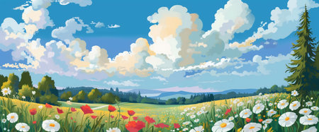 Spring Meadow With Flowers and Trees, Illustration, Cartoon Style Painting,Blue Sky With Clouds, Generative AIの素材