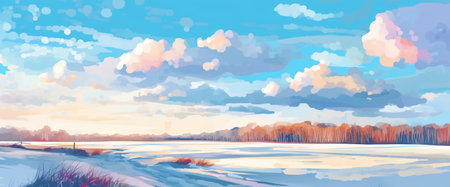 Winter Field With Trees, Illustration, Cartoon Style Painting,Blue Sky With Clouds , Generative AIの素材