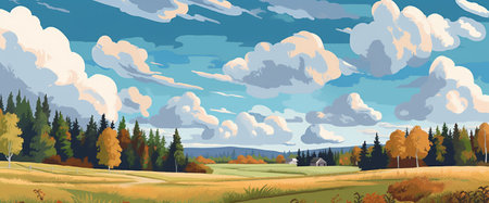 Autumn Field, Illustration, Cartoon Style Painting,Blue Sky With Clouds , Generative AIの素材