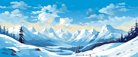 Snowy Winter Mountains and Hills, Illustration, Cartoon Style Painting,Blue Sky With Clouds, Generative AIの素材