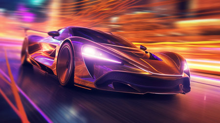 A Futuristic Super Car on a Neon Road, Driving Fast, Acceleration, Neon Light Streaks, Generative AIの素材