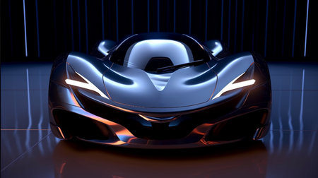 A Futuristic Super Car on a Neon Road, Driving Fast, Acceleration, Neon Light Streaks, Generative AIの素材