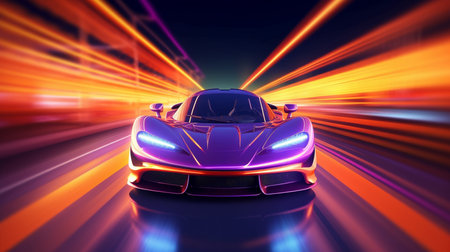 A Futuristic Sports Car on a Neon Road going Fast, Acceleration, Neon Light Trails, Light Streak, Generative AIの素材