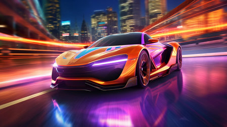 A Futuristic Sports Car on a Neon Road going Fast, Acceleration, Neon Light Trails, Light Streak, Generative AIの素材
