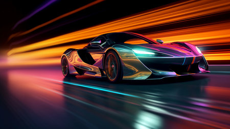 A Futuristic Sports Car on a Neon Road going Fast, Acceleration, Neon Light Trails, Light Streak, Generative AIの素材