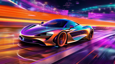 A Futuristic Super Car on a Neon Road, Driving Fast, Acceleration, Neon Light Streaks, Generative AIの素材