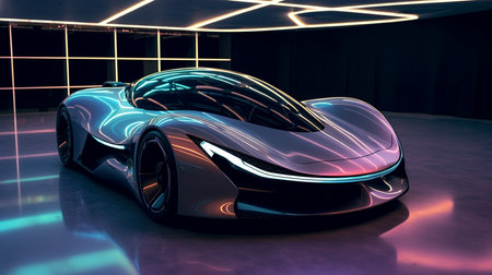 A Futuristic Sports Car in a Modern Showroom Generative AIの素材