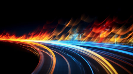 Colorful Light Trails Representing Motion, High Speed Light Affect, Black Background, Generative AIの素材