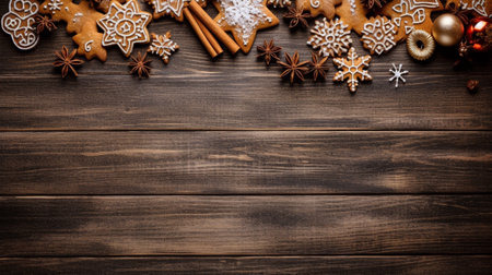 Christmas Flat Lay with Christmas Cookies with Icing on a Brown Wooden Background, Generative AIの素材