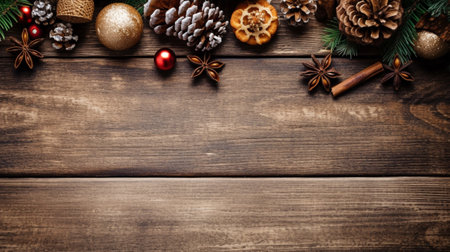 Christmas Flat Lay with Ornaments, Holly, and Pine cones on a brown wooden background. Generative AIの素材