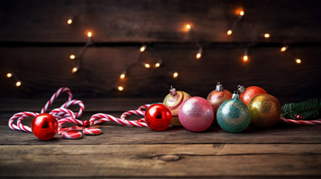 Candy Canes and Different Colored Christmas Ornaments on a Wooden Surface, With a Wooden Wall With Hanging Lights in the Background Generative AIの素材