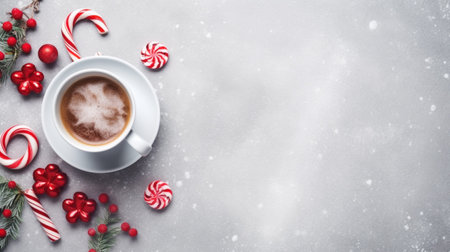 Christmas Flat Lay with Candy Canes, Coffee, and Peppermint Swirls on a white background, Generative AIの素材