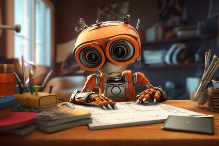 Cute Orange Robot in a Messy Room Looking at a Book Doing Homework, Generative AIの素材