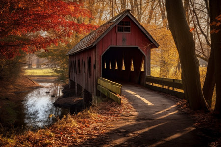 An Old Covered Wooden Bridge in an Autumn Forest, Generative AIの素材