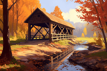 A Painting Of An Old Covered Wooden Bridge in an Autumn Forest, Generative AIの素材