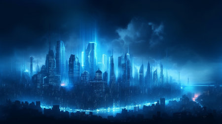 Light Blue Futuristic Neon Cyberpunk City Skyline, Generative AIの素材