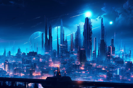 Light Blue Futuristic Neon Cyberpunk City Skyline, Generative AIの素材